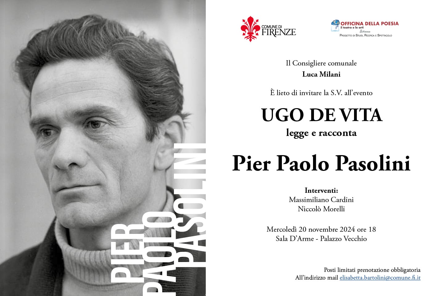 Ugo De Vita legge e racconta Pasolini in Palazzo Vecchio mercoledi 20 novembre