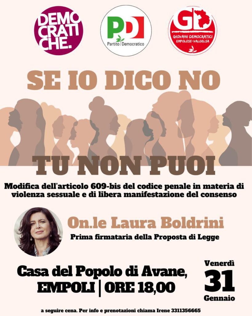 Violenza sessuale e libera manifestazione del consenso: ne parla Laura Boldrini a Empoli