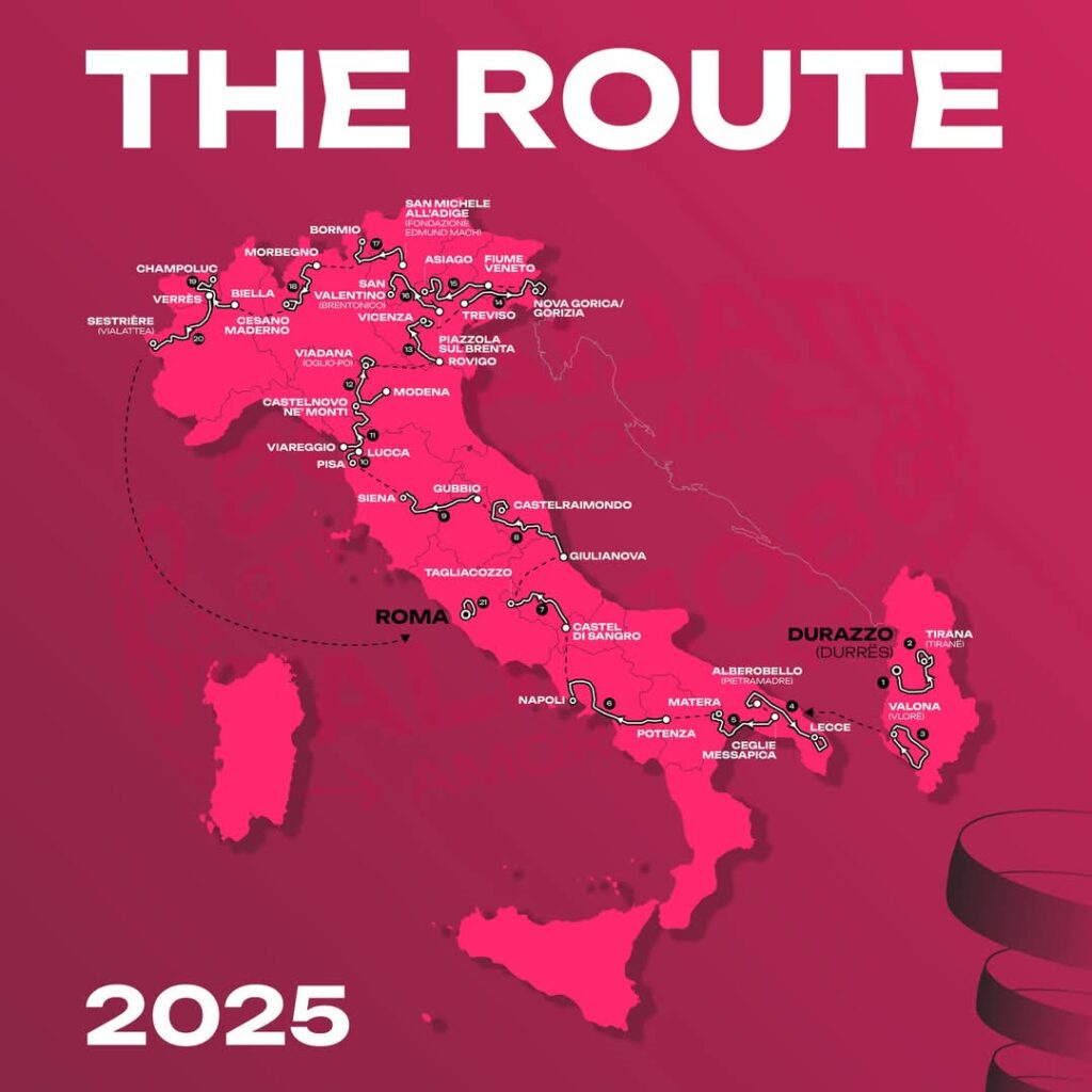 Giro d’Italia 2025: partenza dall’Albania. La Toscana fra le 21 tappe: strade bianche a Siena, poi Lucca, Pisa, Viareggio